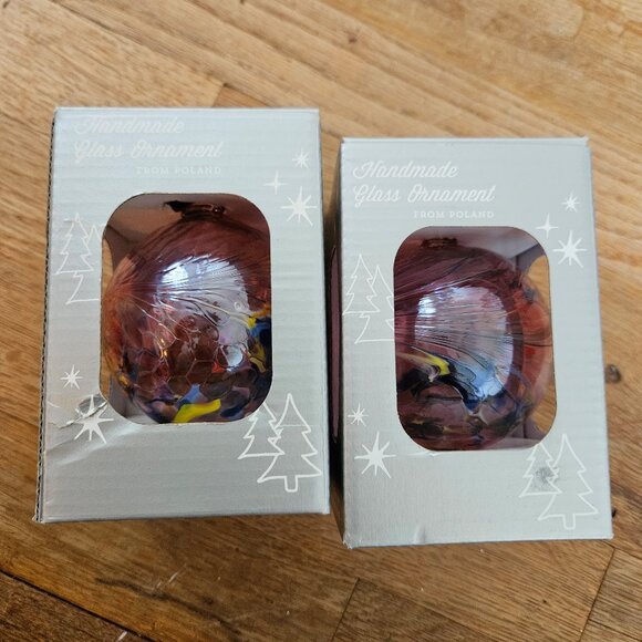 Hand Blown Poland Glass Hanging Ornaments Gazing Ball Purple Blue Pair Set 2 - Picture 2 of 5
